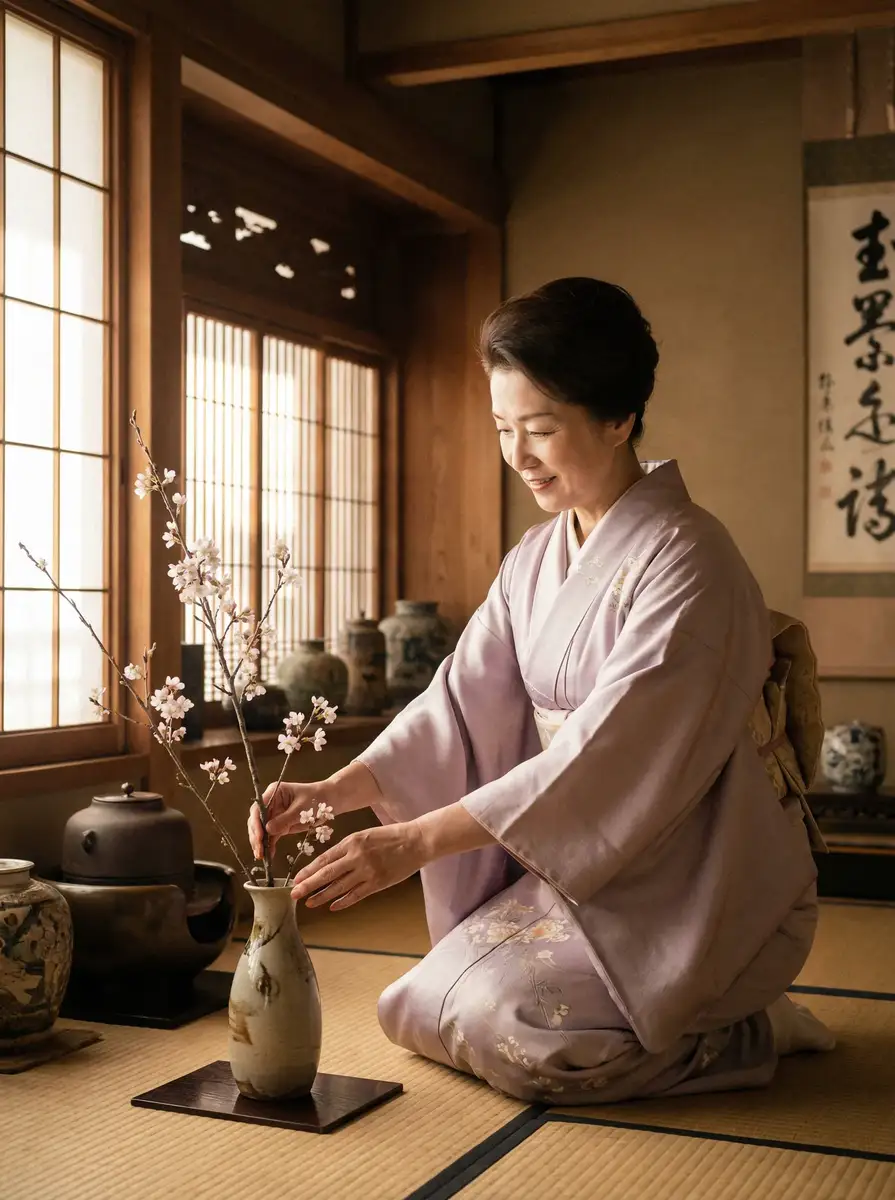 一位优雅的 亚娱集团平台 在和室中插花